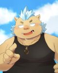  2021 absurd_res anthro belly blue_hair brown_body clothing cloud gouryou hair hi_res humanoid_hands kemono lifewonders male mammal outside overweight overweight_male shirt solo suid suina sus_(pig) tokyo_afterschool_summoners topwear video_games wild_boar zuboboz 