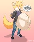  absurd_res after_vore anthro belly big_belly canid canine dialogue digestion_noises english_text fan_character fox foxynoms hi_res male male_pred mammal oral_vore same_size_vore sega solo sonic_the_hedgehog_(series) speech_bubble text vore 