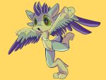  4:3 4_ears anthro avali avali_(original) blue_body blue_feathers countershading dewclaw digitigrade feathered_crest feathered_wings feathers female green_body green_eyes head_crest hi_res luvashi multi_ear munchdevil on_one_leg solo spread_arms standing winged_arms wings 