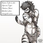  1:1 abs anthro beard bracelet bulge clothed clothing english_text facial_hair felid feline fur jewelry male mammal midnight_blue muscular muscular_anthro muscular_male mustache pantherine partially_clothed slave solo text tiger underwear underwear_down 