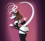  3d_(artwork) alien big_breasts big_butt breasts brown_hair butt clothed clothing digital_media_(artwork) female green_eyes hair hi_res looking_at_viewer pinup pose raised_tail siak_no&#039;fethk siakstuff simple_background skimpy smile solo teasing tendrils white_body wide_hips 