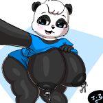  1:1 absurd_res anthro areola big_breasts big_butt biped blue_clothing blue_eyes bodily_fluids bottomwear breasts butt clothed clothing curvy_figure female fur giant_panda hair hi_res huge_breasts huge_butt hyper juki_zu lactating looking_at_viewer mammal milk nipples nude open_mouth partially_clothed phone selfie shirt shorts simple_background smile solo sueli_(joaoppereiraus) thick_thighs topwear ursid voluptuous wide_hips 