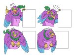  absurd_res alpha_channel anthro avian beak biped bird bird_feet blue_body clothing feathered_crest feathered_wings feathers fishyboner galliform green_eyes gyro_feather head_crest hi_res male meme peafowl phasianid pink_body scarf solo tail_feathers winged_arms wings 