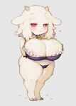  anthro bedroom_eyes bell big_breasts bovid breasts caprine clothing female fur goat hi_res horn huge_breasts looking_at_viewer mammal narrowed_eyes okiai_umi pink_eyes seductive short_stack solo standing thick_thighs white_body white_fur 