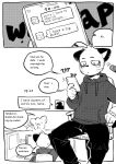  2021 anthro bottomwear clothing comic cougar dialogue duo english_text felid feline hajime_tanaka_(odd_taxi) hi_res holding_object holding_phone hoodie kemono male mammal milkytiger1145 monochrome odd_taxi pants phone solo text topwear 