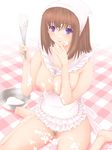  apron bad_id bad_pixiv_id bandana barefoot between_breasts blush bowl breasts brown_hair censored cooking copyright_request cream finger_licking highres large_breasts licking messy naked_apron no_bra no_panties pubic_hair purple_eyes pussy rezel_craft sexually_suggestive short_hair sitting solo 