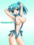  armpits arms_up artist_request bare_shoulders blue_eyes blue_hair breasts divergence_eve hair_ribbon kureha_misaki large_breasts long_hair midriff navel nipples open_mouth ponytail ribbon slingshot_swimsuit smile solo swimsuit 