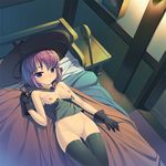 bed bedroom black_legwear blue_eyes bottomless breasts censored dragon_quest dragon_quest_iii gloves hat lying mage_(dq3) munashi_mujou nipples no_bra no_panties pink_hair pussy shirt_pull short_hair small_breasts solo thighhighs witch_hat 