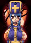  angry arms_behind_back arms_up bad_id bad_pixiv_id bdsm blue_hair bodysuit bondage bound breasts chain collar covered_nipples cross dragon_quest dragon_quest_iii hat huge_breasts long_hair mitre nipples no_bra onizuka_takuto open_mouth orange_bodysuit priest_(dq3) red_eyes solo tabard torn_clothes 