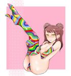  breasts brown_hair dark_persona elbow_gloves em feet fingering gloves kujikawa_rise legs_together legs_up masturbation multicolored multicolored_clothes multicolored_gloves multicolored_legwear nipples nude persona persona_4 shadow_(persona) shadow_rise small_breasts solo thighhighs twintails unmoving_pattern yellow_eyes 