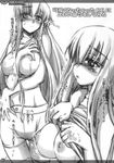  2008 between_breasts blush breasts c.c. cameltoe code_geass doujinshi greyscale highres large_breasts long_hair midriff monochrome navel nipples ouma_tokiichi scan see-through shirt_lift shorts solo sweat tears thigh_gap translation_request 