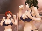  angry armpits bare_shoulders breasts brown_eyes brown_hair covered_nipples fighting_stance huge_breasts multiple_girls original puffy_nipples red_hair remora_works short_hair torigoe_takumi torn_clothes 
