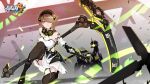  1girl armor armored_dress bangs barcode black_footwear blurry blurry_background boots breasts brown_legwear cici dress elbow_gloves full_body gloves grin hair_over_one_eye headpiece highres holding holding_scythe honkai_(series) honkai_impact_3 horns knee_boots logo looking_at_viewer mecha mechanical_gloves mole mole_under_eye official_art one_knee red_eyes rita_rossweisse scythe short_hair side_cutout sidelocks smile solo thighhighs tube wind 