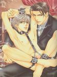  2boys ayano_yamane barefoot bdsm bondage bound brown_hair chains cigarette clothed clothed_male_nude_male cum formal highres male male_focus multiple_boys nude penis restrained short_hair smoking suit testicles yaoi 