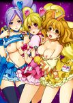  aono_miki black_legwear blonde_hair blue_choker blue_eyes blue_hair blue_skirt breasts choker cure_berry cure_peach cure_pine earrings fresh_precure! frills fukurokouji hair_ornament heart heart_hair_ornament jewelry large_breasts long_hair magical_girl medium_breasts microphone momozono_love multiple_girls nipples orange_choker pink_choker pink_eyes precure shirt_lift skirt thighhighs twintails yamabuki_inori yellow_eyes 