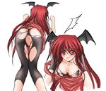  anus artist_request ass bent_over blush breasts demon_girl dress monster_girl open_mouth pussy red_eyes red_hair skin_tight strap_slip succubus tears torn_clothes 
