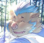  2021 anthro bawp blue_hair clothed clothing eyes_closed gouryou hair kemono lifewonders male mammal outside plant portrait slightly_chubby solo suid suina sus_(pig) tokyo_afterschool_summoners tree video_games wild_boar 