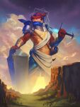  2020 3:4 5_fingers anthro blue_eyes clothing countershading_torso detailed_background dragon emberwick fingers glowing glowing_eyes hi_res humanoid_hands landscape_dwarfing macro male melee_weapon outside red_body scalie shield signature solo sunset sword toga weapon western_dragon 