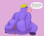  2021 absurd_res anthro big_butt butt clothing colossalstars common_hippopotamus english_text erection genitals hanna-barbera hat headgear headwear hi_res hippopotamid humanoid_genitalia humanoid_hands humanoid_penis male male/male mammal overweight overweight_male penis peter_potamus purple_body simple_background sitting solo_focus text the_peter_potamus_show 
