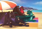  absurd_res anthro beach dragon feral fluffybardo garo_(garoshadowscale) group hi_res holding_object horn male scalie seaside sitting spikes sunscreen towel trio umbrella wings 