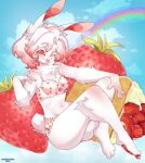  anthro blush bra breasts butt cherrikissu clothing female food fruit hi_res lagomorph leporid looking_at_viewer mammal panties plant rabbit solo strawberry tongue tongue_out underwear 