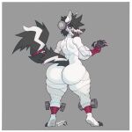  1:1 anthro big_butt black_hair bolts border breasts butt canid canine claws female fluffy fluffy_tail hair hi_res mammal metal_claws multicolored_hair patchwork_creature rear_view robotjoe side_boob solo stitch_(disambiguation) two_tone_hair undead white_body white_border wraps 