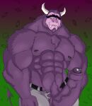  abs big_muscles bottomwear bovid bovine cartoon_network clothed clothing eduardo erection eyebrows foster&#039;s_home_for_imaginary_friends fur genitals hi_res imaginary_friend jabuhusky male mammal monster muscular nervous nervous_smile nipples open_bottomwear open_clothing open_pants pants pecs penis purple_body purple_fur solo torn_bottomwear torn_clothing torn_pants unibrow vein veiny_penis 