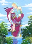  2020 blonde_hair blush breath_of_the_wild duo eye_contact gerudo_outfit hair hands_on_ears hi_res holding_partner humanoid larger_male link looking_at_another male nintendo partially_submerged prince_sidon shiro_tori signature size_difference smaller_male the_legend_of_zelda video_games 