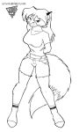  2003 anthro black_and_white bottomwear breasts canid canine clothing cutoffs denim denim_clothing female footwear fox hair hi_res le_eh mammal monochrome shirt shorts sketch socks solo topwear 