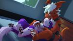  absurd_res bandai_namco bed boyfriends cuddling digimon digimon_(species) dragon duo fanmon furniture guilmon hi_res janus_the_dorumon kuttoyaki male nose_kisses reptile scalie sol_the_guilmon 