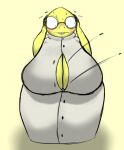  ailuroce alphys anthro big_breasts blush bodily_fluids breasts buckteeth button_pop cleavage clothed clothing embarrassed eyewear female flying_sweatdrops front_view glasses hand_on_head huge_breasts hyper hyper_breasts lizard looking_at_breasts looking_at_own_breasts looking_at_self looking_down looking_down_at_self nervous non-mammal_breasts panic reptile scales scalie simple_background solo standing sweat sweatdrop teeth tight_coat undertale undertale_(series) video_games wardrobe_malfunction wavy_mouth wide_hips yellow_body yellow_scales 