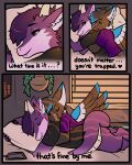  4:5 absurd_res aleksander_(aleksandergaymurr) angel_dragon anthro bed bottomless clothed clothing cuddling dragon duo english_text fur furniture furred_dragon hi_res kaezer_luna_(ragingmoonbeam) male male/male sleeping tagme text tired tiredpaws trapped waking_up 