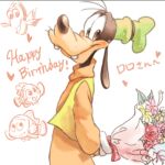  &lt;3 1:1 anthro black_eyes black_nose blush bouquet canid canine canis clothed clothing disney domestic_dog english_text feral fish flower flower_bouquet freckles gloves goofy_(disney) group handwear happy happy_birthday hat headgear headwear holding_object japanese_text male mammal marine plant simple_background sketch smile standing sweater text topwear translation_request turtleneck turtleneck_sweater unknown_artist white_background 