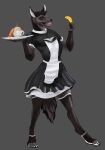  absurd_res anthro banana brown_body canid canine canis clothing dinner food fruit hi_res looking_at_viewer maid_uniform male mammal plant pose simple_background smile solo teeth uniform wolf zebrov 