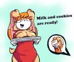  anonymous_artist anthro bodily_fluids breasts clothing cookie cream_the_rabbit daughter dress duo english_text exposed_breasts female food hi_res lactating lagomorph leporid mammal milk mother mother_and_child mother_and_daughter parent parent_and_child rabbit red_clothing red_dress sega simple_background sonic_the_hedgehog_(series) text vanilla_the_rabbit 