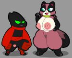  5:4 anthro big_breasts breasts canid canine cartoon_network domestic_cat duo felid feline felis female genitals hi_res male mammal mao_mao:_heroes_of_pure_heart nude penis pussy raccoon_dog redriver24816_(artist) sheriff_mao_mao_mao simple_background size_difference stare tanuki tanya_keys 