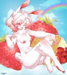 anthro blush breasts butt cherrikissu female food fruit hi_res lagomorph leporid looking_at_viewer mammal nipples nude plant rabbit solo strawberry tongue tongue_out 