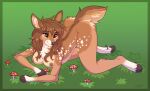  2021 all_fours anthro areola breasts brown_body brown_eyes brown_fur brown_hair cervid chest_tuft cloven_hooves digital_media_(artwork) ear_piercing elbow_tufts eri_(feral.) eyebrows eyelashes female fingerless_(marking) fluffy fluffy_tail fungus fur grass hair hi_res hooves inner_ear_fluff ketty mammal mushroom nipples nude piercing plant shaded shoulder_tuft solo spots tuft 