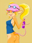  activision beverage blonde_hair bottle bottomless breasts bubble butt clothed clothing crash_bandicoot_(series) drunk drunk_bubble eyeshadow eyewear fangs female genitals goggles green_eyes hair hat headgear headwear hi_res long_hair long_tail makeup mammal marsupial pasadena_o&#039;possum phalangeriform pigtails pink_eyeshadow pink_nose pussy shirt side_boob smile substance_intoxication tank_top topwear video_games zebra10045 