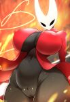  absurd_res anthro arthropod ashraely big_breasts black_body breasts clothed clothing curvy_figure digital_media_(artwork) fecharis female genitals hi_res hollow_knight hornet_(hollow_knight) huge_breasts insect looking_at_viewer nipples pussy simple_background solo team_cherry thick_thighs video_games voluptuous weapon wide_hips 