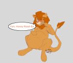  2020 absurd_res blue_eyes blush bottomless chest_tuft clothed clothing dialogue digital_drawing_(artwork) digital_media_(artwork) everfreemoonlight fangs felid feral fur grey_background grin hair hand_on_stomach happy hi_res lion male mammal mane matt_(scratch21) nude orange_hair orange_mane pantherine scratch21 semi-anthro signature simple_background sitting sketch smile solo tail_tuft topless tuft vore yellow_body yellow_fur 