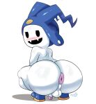  absurd_res anthro anus atlus backsack balls big_butt blush butt clothing crouching demon footwear genitals hat headgear headwear hi_res imp jack_frost_(megami_tensei) looking_at_viewer looking_back male megami_tensei mostly_nude open_mouth penis presenting shoes simple_background solo thick_thighs video_games white_body zeriie 