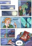  2020 bed breath_of_the_wild clothed clothing comic cuddling duo english_text full_moon furniture hi_res humanoid larger_male link male mjoyart moon nintendo open_mouth prince_sidon size_difference smaller_male speech_bubble text the_legend_of_zelda topless topless_male undressing video_games yawn 