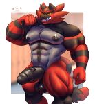  2020 5_fingers anthro balls barazoku big_muscles big_penis black_body black_fur black_nipples black_penis bodily_fluids bottomless carnejo clothed clothing clothing_lift fingers fur genital_fluids genitals green_eyes grey_body grey_fur grin hi_res humanoid_hands incineroar looking_at_viewer male muscular muscular_anthro muscular_male nintendo nipples penis pok&eacute;mon pok&eacute;mon_(species) precum red_body red_fur red_nose shirt shirt_lift smile solo standing striped_body striped_fur stripes t-shirt thick_penis topwear vein veiny_penis video_games yellow_sclera 