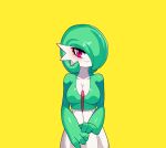  breasts collarbone drunk_oak female front_view gardevoir green_hair hair hair_over_eye humanoid looking_at_viewer nintendo one_eye_obstructed pink_eyes pok&eacute;mon pok&eacute;mon_(species) simple_background solo video_games white_body white_breasts white_skin yellow_background 