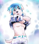  animal_crossing blep blue_hair canid canine canis clothing domestic_dog hair hi_res k.k._slider male mammal nikunabe1989 nintendo solo sparkles tongue tongue_out undressing video_games 