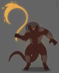  2021 2_toes 4_fingers action_pose anthro armor balrog_(the_lord_of_the_rings) brown_body claws colored demon feet fingers fire glowing glowing_armor glowing_eyes glowing_mouth hi_res horn j._r._r._tolkien long_tail looking_aside male middle-earth_(tolkien) muscular pose red_body signature simple_background solo standing teeth the_lord_of_the_rings toes whip wolfarion 