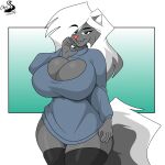  1:1 absurd_res anthro breasts cjshadorunner cleavage cleavage_cutout clothed clothing female hi_res kelsey_sienna keyhole_turtleneck mammal mephitid skunk smile solo sweater topwear 