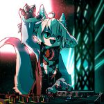  1:1 4_fingers anthro black_eyes blaedic blue_sclera claws claws_out disc_jockey dragon ear_piercing ear_ring finger_claws fingers fur furred_dragon hand_over_head headphones headphones_around_neck hi_res horn kemono lights male open_mouth pawpads piercing sleeveless_shirt solo watermark 