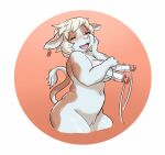  anthro blonde_hair bodily_fluids bovid bovine breast_milking cattle ear_tag embarrassed eyes_closed female genitals hair lactating laugh machine mammal mature_female milk milking_machine moitasart pussy slightly_chubby solo 
